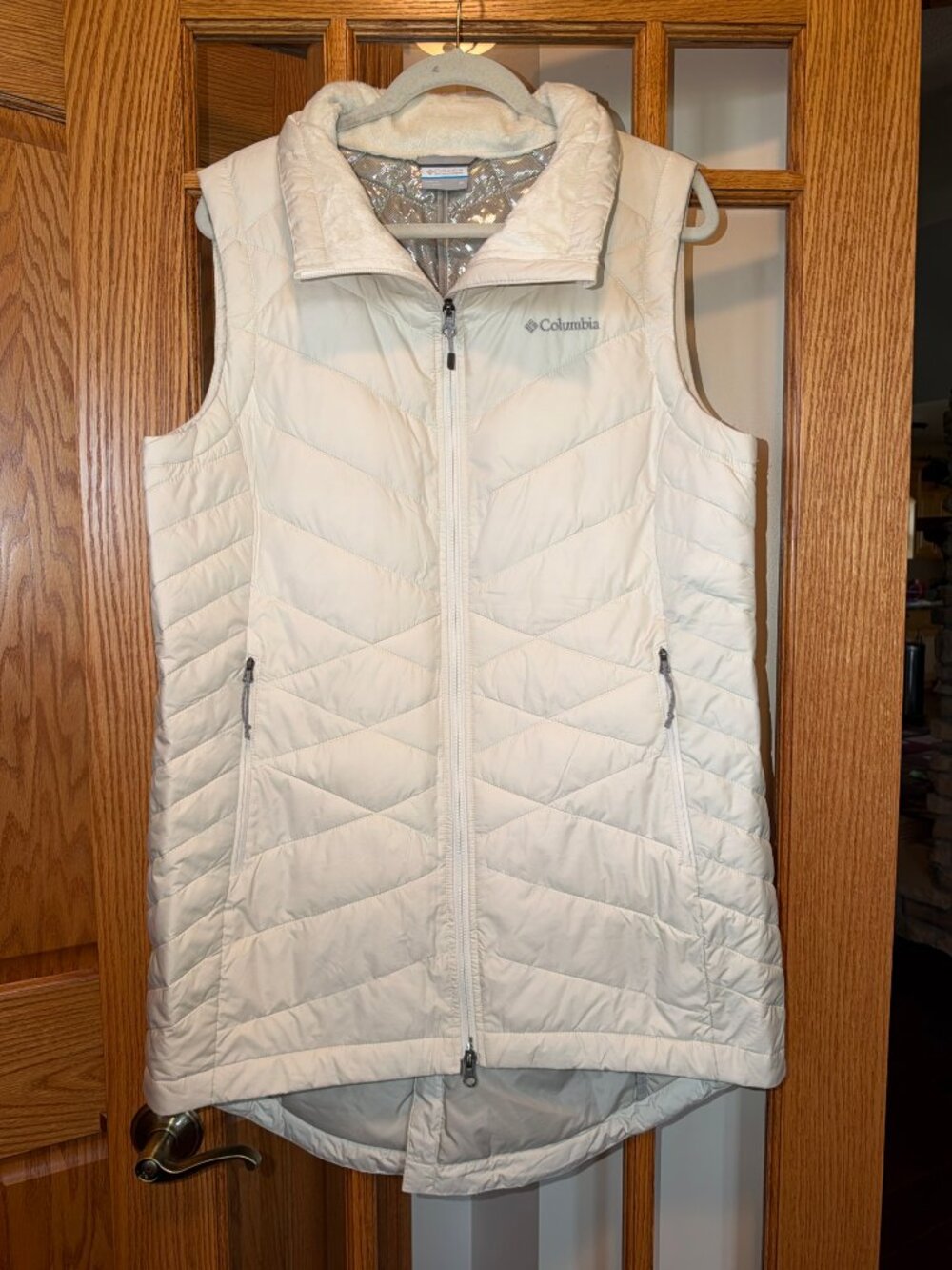 EUC COLUMBIA HEAVENLY LONG PUFFER VEST TOP COAT CREAM IVORY SZ XL LAYERING COZY